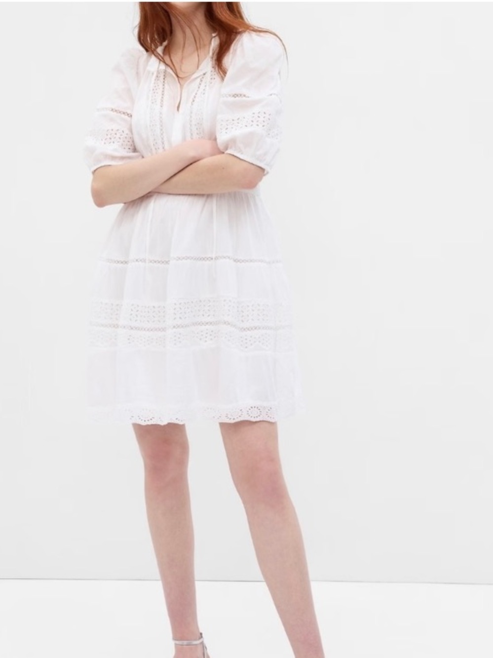 NWT GAP White Eyelet Puff Sleeve Lace Mini Dress - Small Petite SP Cottagecore